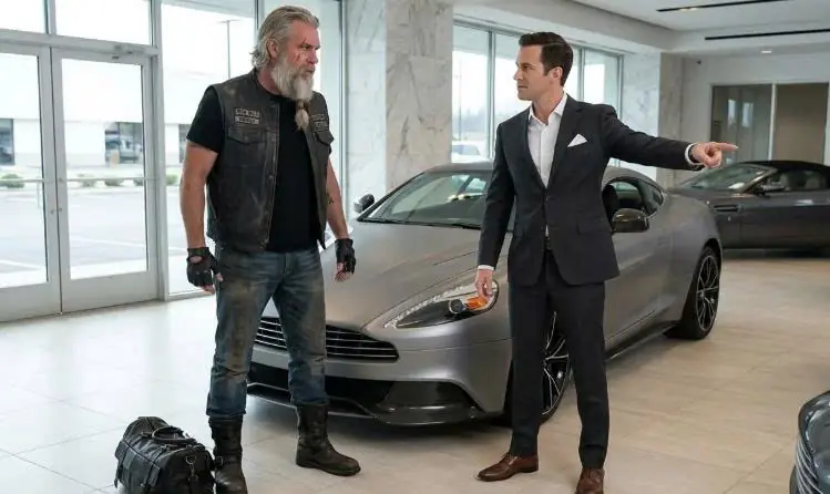 Luxury Car Salesman Mocked an Old Biker’s Clothes — Then He Opened His Worn Leather Bag