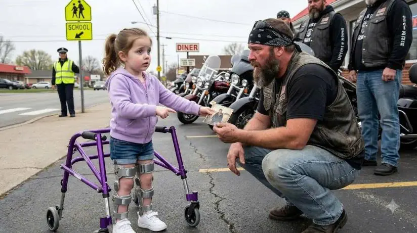 The Little Girl With Metal Leg Braces Asked a Biker to Help Her Cross — Then the Note Hidden Inside Her Brace Revealed His “Dead” Brother