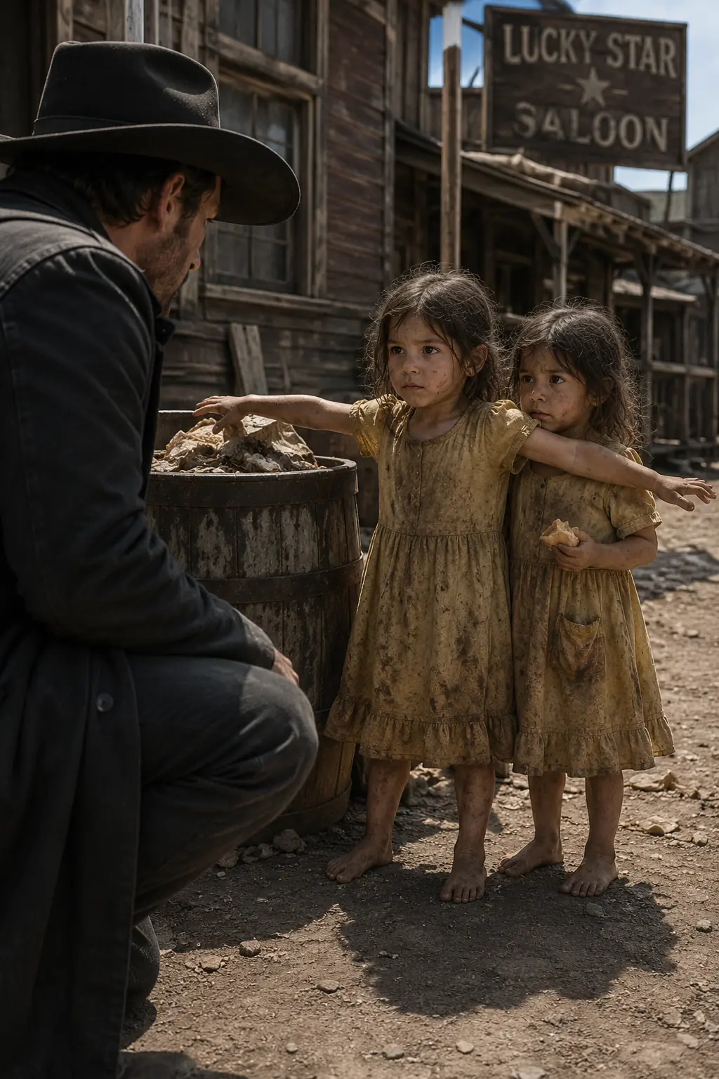 Every Morning 2 Twin Girls Ate Behind the Saloon—Until a Grieving Cowboy Followed Them and Found the Truth Buried Under Their Floor