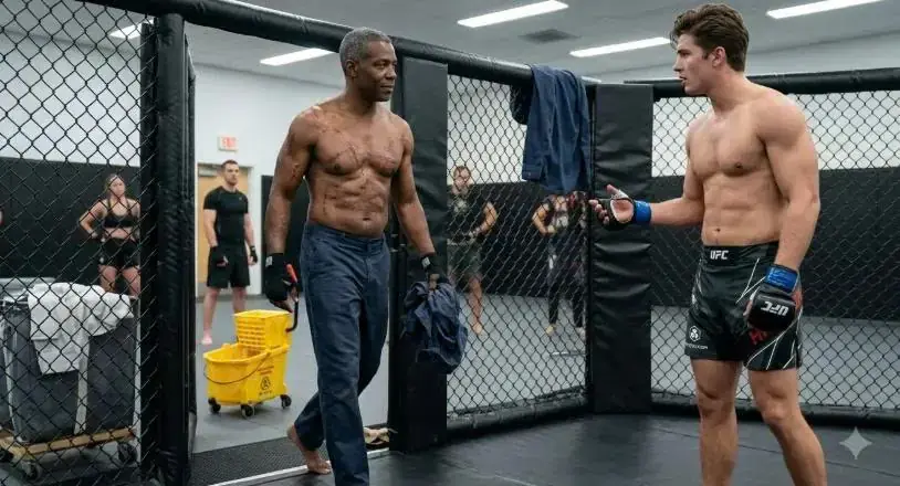 A Rich Kid Challenged the Quiet Janitor to Spar — Then the Janitor Took Off His Work Shirt and Stepped Into the Cage