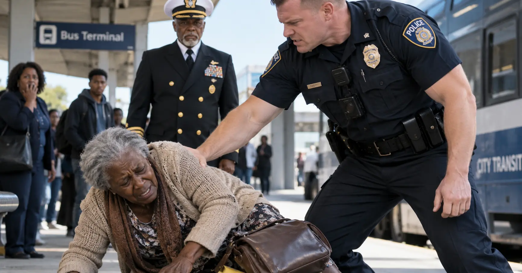 A Cop Shoved an Elderly Black Woman at the Bus Terminal — Then the Retired Navy Admiral Behind Him Stepped Forward