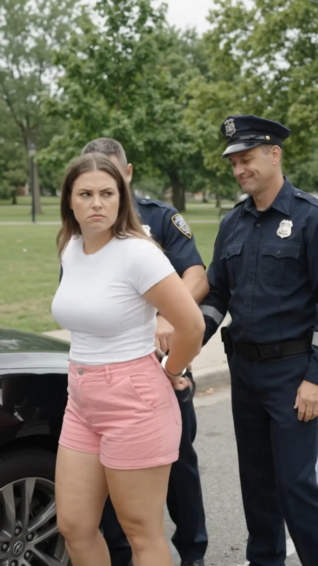 Two traffic police officers stopped a young woman for no reason, pinned her against her car, and roughly handcuffed her