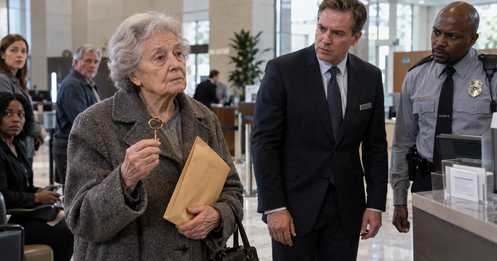 They Tried to Remove the Old Woman from the Bank Lobby—Then Her Brass Key Opened a Forty-Year Secret