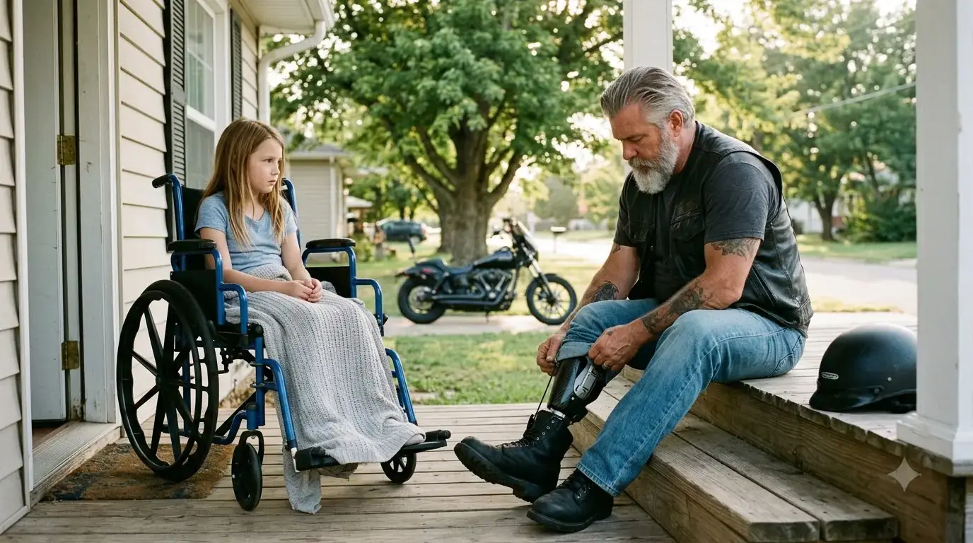 My Nine-Year-Old Daughter Ordered the Biker Away Three Times — Then He Removed His Prosthetic Leg on Our Porch