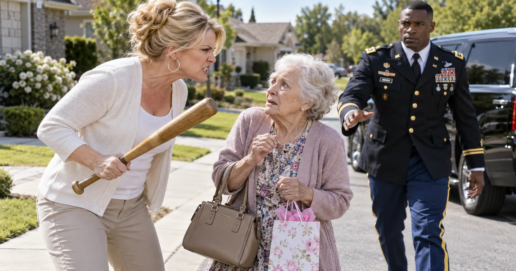 Karen Raised a Baseball Bat at a Helpless Old Woman — Then Her Adopted Son Arrived in Uniform